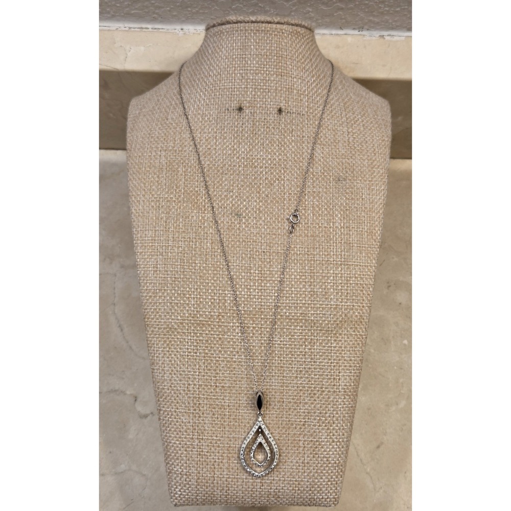 Vintage Sterling Silver Double Teardrop Pave Pendant 18"